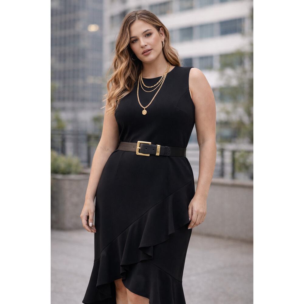 Calvin Klein Black Sleeveless Midi Dress Size 14 Asymmetrical Ruffle Hem Stretch